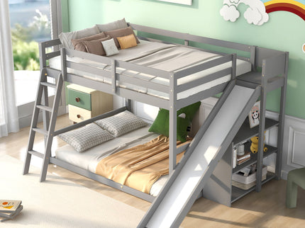Bunk Bed With Ladder, Slide, And Shelves Pine Wood