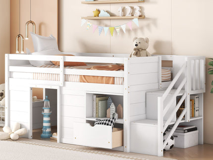 Low Loft Bed With Stair, Drawer, And Shelf