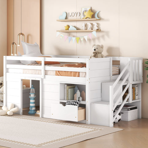 Low Loft Bed With Stair, Drawer, And Shelf