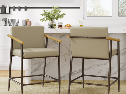 Mid Century Modern Counter Stool Set With Espresso Metal Frame - Khaki