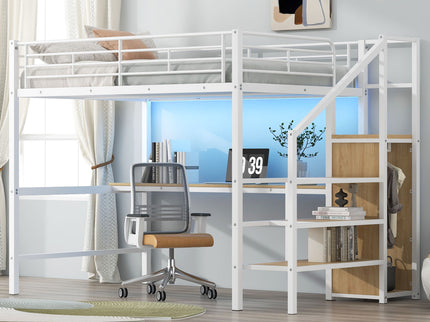 Loft Bed With Desk, Storage Staircase, Small Wardrobe And LED Light