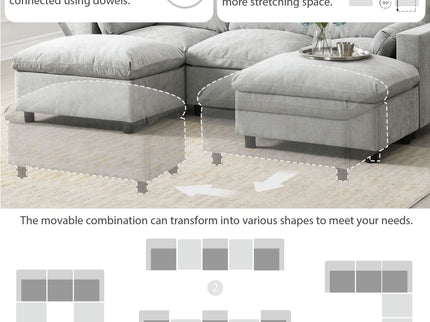 Modular Sectional With Storage Pockets, 5 Seat U Shaped Couch Set With Pillows, Free Combination Modern Cloud Sofa With 2 Movable Ottoman
