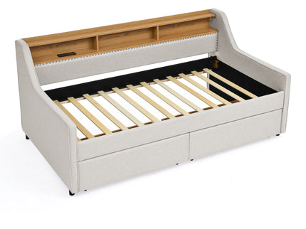 Twin Upholstered Sofa Bed With LED Lights, Storage Drawers, Adjustable Headboard & Wireless Charging - Beige