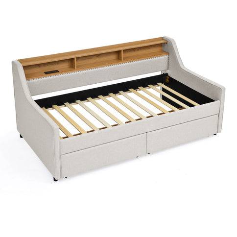 Twin Upholstered Sofa Bed With LED Lights, Storage Drawers, Adjustable Headboard & Wireless Charging - Beige