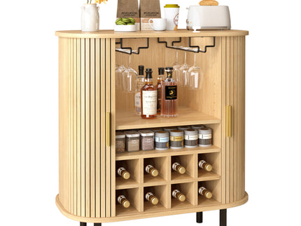 Fluted Wine Bar Cabinet With 8 Grid Wine Rack, 5 Level Adjustable Shelves, 2 Glass Holders