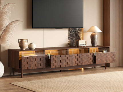 TV Stand With LED Lights And Glass Drawers For Living Room - Walnut