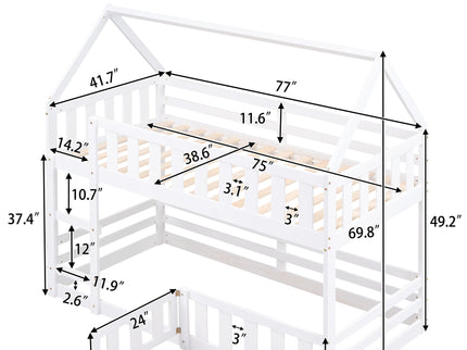 Twin Over Twin House Bunk Bed With Fence And Door
