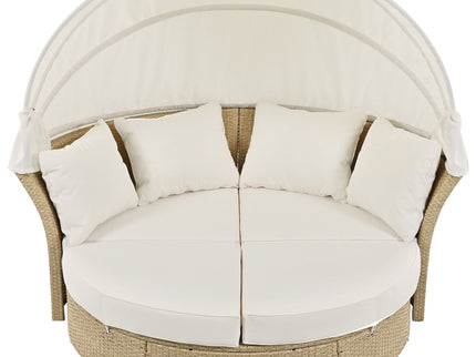 Outdoor Patio Daybed Wicker Rattan Double Daybed Round Sofa Furniture Set With Retractable Canopy, 4 Pillows For Lawn Garden