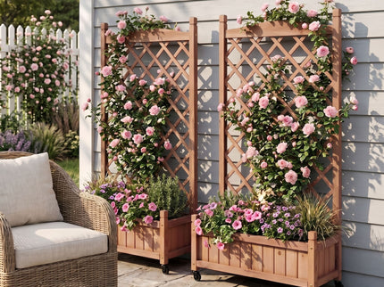 Raised Garden Bed With Trellis 2 Pack, Outdoor Planter Box & Plant Stand With Climbing Racks - Brown