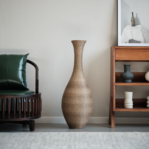 Tall Artificial Rattan Floor Vase In Elegant Statement Piece For Living Room Decor, Entryway, Or Hallway Versatile Home Accent For Dried Or Silk Floral Arrangements - Beige / Gray