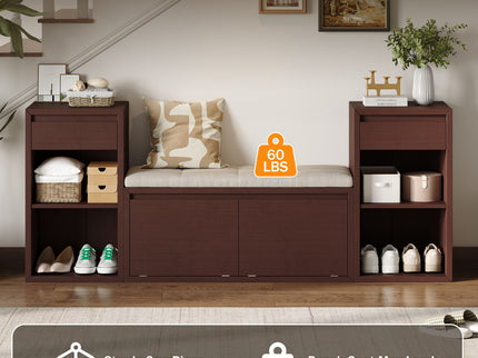 Entryway Storage Bench With Cushion, Drawers & Open Shelves