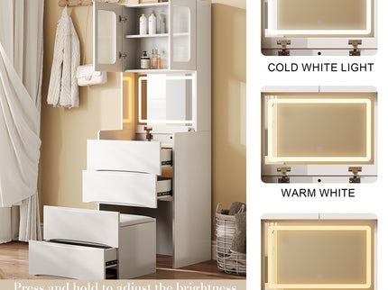 3 In 1 Vanity Table With LED Mirror & Storage Stool For Bedroom