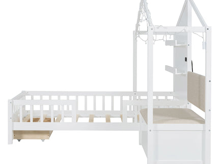 House Bed With Upholstered Sofa, Wireless Charging Station, Shelves And 2 Drawers