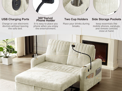 Modern Loveseat Pull Out Sofa Bed With Adjustable Backrest, Two Cup Holders, A Phone Holder, Three Charging Ports And Side Storage Pockets For Living Room