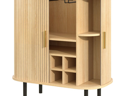 Fluted Wine Bar Cabinet With 8 Grid Wine Rack, 5 Level Adjustable Shelves, 2 Glass Holders