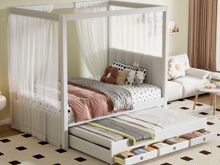 Upholstery Canopy Platform Bed With Trundle And Three Storage Drawers