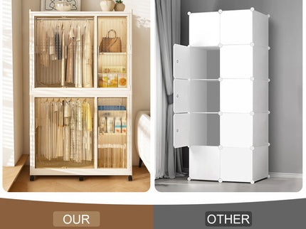 Portable Wardrobe Closet Storage Organizer For Clothes, 6 Magnetic Doors With 6 Cubes & 2 Hanging Rods, 6 Hangers - Cream White