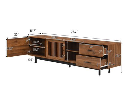 TV Stand, Media Console With 2 Drawers, Soft Closing Hinges, Adjustable Shelves, Slatted Design - Walnut