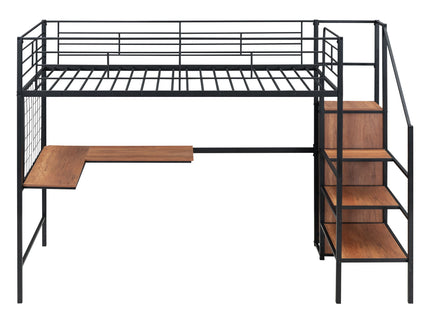Loft Bed With Desk And Grid, Stylish Frame With Lateral Storage Ladder And Wardrobe