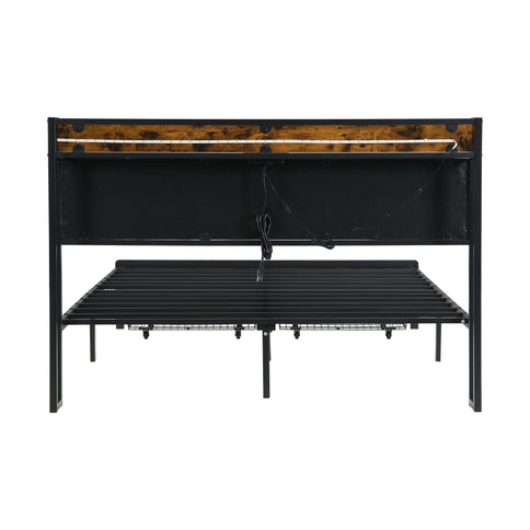 Modern Bed Frame With LED Lights, Upholstered Headboard, USB Charging