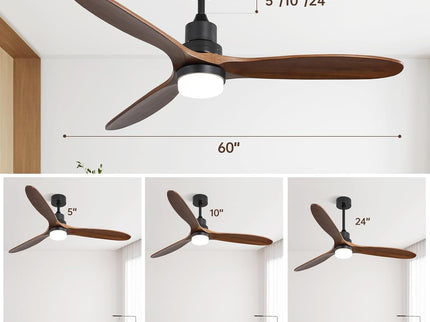 Ceiling Fan With Lights 3 Solid Wood Fan Blade Noiseless Reversible Motor Remote Control - Black