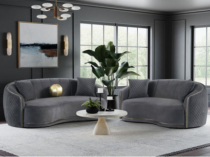 Luxe Upholstered Curved Sofa With Trim And Diamond Quilting - Dark Gray