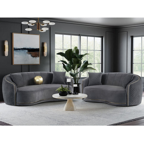 Luxe Upholstered Curved Sofa With Trim And Diamond Quilting - Dark Gray