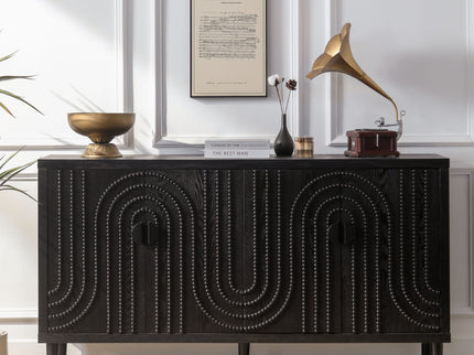 Modern Sideboard Cabinet With Decorative Nailhead Accents, Stylish Storage Solution For Dining, Living Rooms - Black