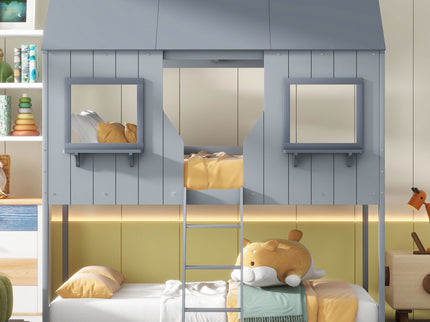 Twin Over Twin Bunk Bed With Roof, Window, Guardrail, Ladder