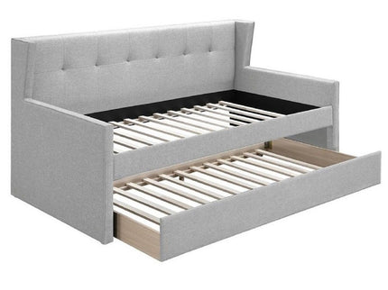 Daybed With Slat Trundle, Button Tufted - Light Gray