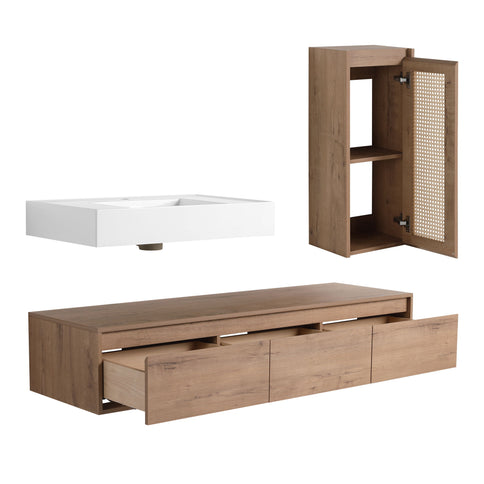 Modern Imitative Wall Mounted Bathroom Vanity With Resin Sink And Side Cabinet