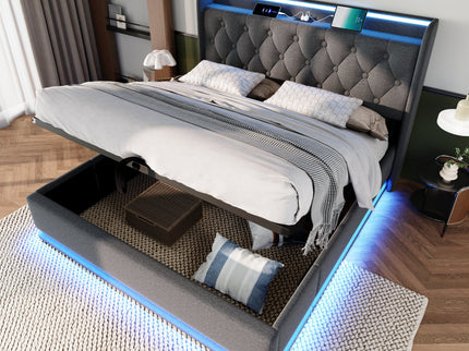 Upholstered Bed, 360 Surround LED Function, Remote Control, Hydraulic Storage Bed With USB, Type-C Charging (Without Mattress)
