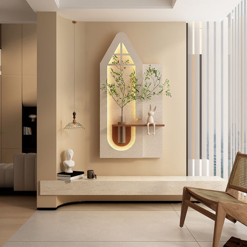 Adjustable 3 Color LED Sandstone Wall Decor With Simulated Plants, Glass Vase & Rabbit Statue - Light Coffee