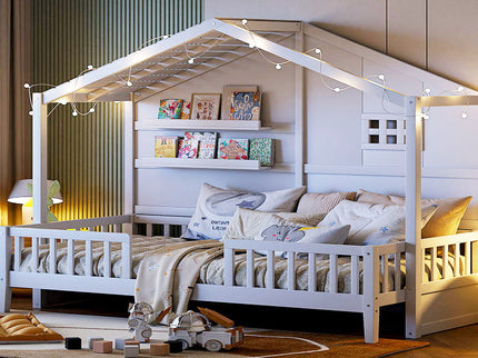 House Bed With Shelves, Window And Sparkling Light Strip On The Roof
