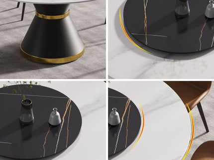 Modern Artificial Stone Round Carbon Steel Base Dining Table, Artificial Stone Turntable