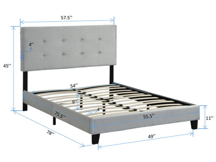 Full Size Upholstered Platform Bed Frame With Pull Point Tufted Headboard, Strong Wood Slat Support, Mattress Foundation, No Box Spring Needed - Gray