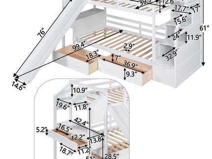 Bunk Bed With Storage Staircase, Slide, Desk, Drawers, And Shelves