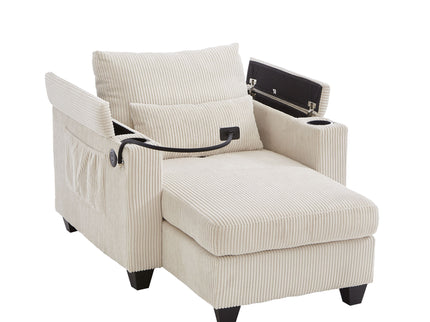Convertible Chaise Lounge Sofa Chair With USB Ports, Cup Holders, Phone Holder And Storage