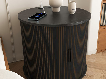 Cylinder Nightstand With Charging Station & Sliding Door