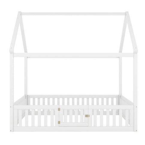 Wood House Bed With Fence And Door