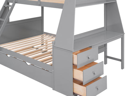 Bunk Bed With Trundle And Built In Desk, 3 Storage Drawers And Shelf