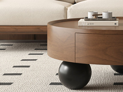 Round Coffee Table With Storage Drawer And Ball Feet - Walnut / Black
