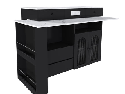 Kitchen Island With Extendable Rotating Table, 4 Drawers & Glass Door Cabinets, Built In Socket - Black