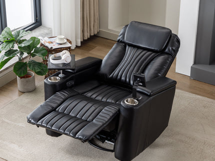 270° Power Swivel Recliner Home Theater Chair With Hidden Arm Storage, LED Light, Cup Holder, And Tray Table