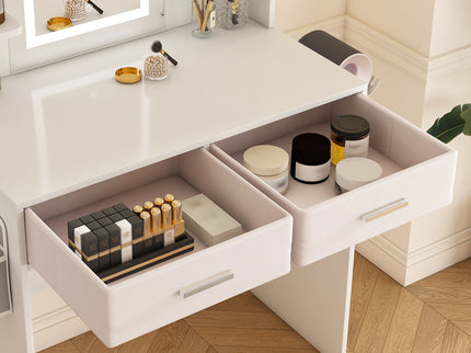 Elegant LED Mirror Vanity Dressing Table With Adjustable Lights, Drawers & Storage - White