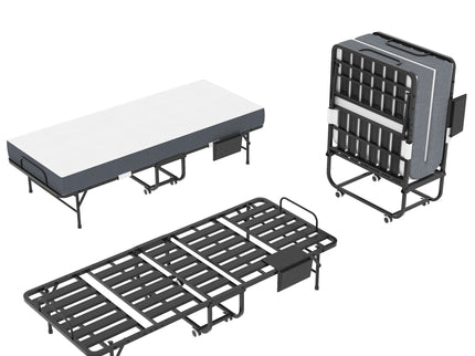 Twin Folding Bed With Memory Foam Mattress, On Wheels, Portable Bed For Adults & Guests - Black