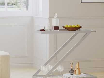 Modern Z Shaped Bar Cart With Tempered Glass Shelves - Silver