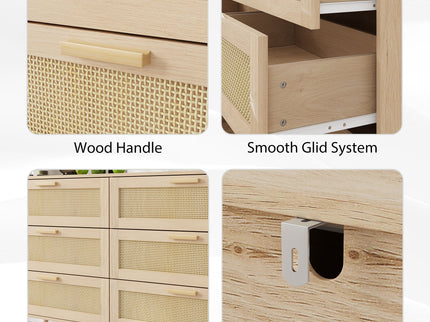 Rattan 6 Drawers Chest Of Dressers For Bedroom, Modern 6 Drawer Dresser, Wide Chest Of Drawers With Wood Handles, Rattan Dresser Storage Cabinet For Living Room, Bedroom, Hallway - Natural Wood / Oak