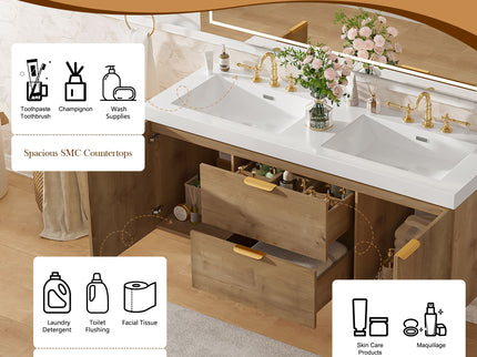 Double Sink Bathroom Vanity Soft Close Doors, Divided Drawers, Wall Mounted - Wood