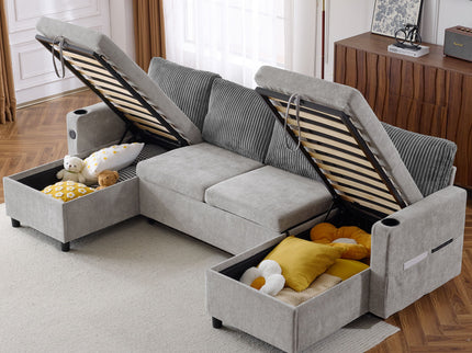 Sectional Sofa Bed With Pull Out Sleeper, USB Ports, Cup Holders